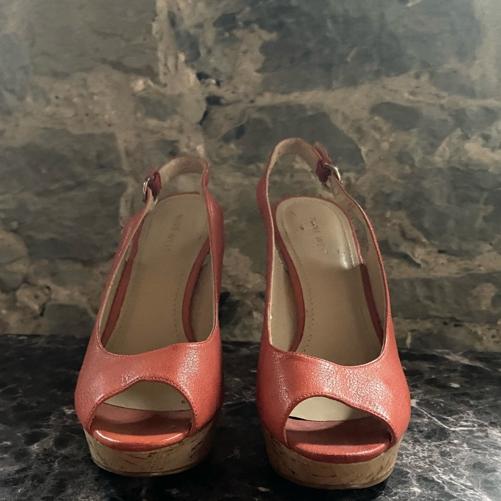 Coral Nine West leather cork platform sling back heels
